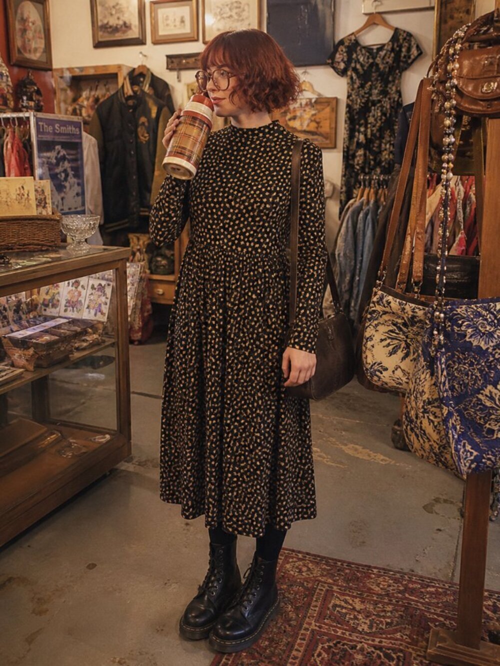 Black Yellow Mock Neck Long Sleeve Maxi Star Print‎ Dress Quirky Dopamine sz Med
